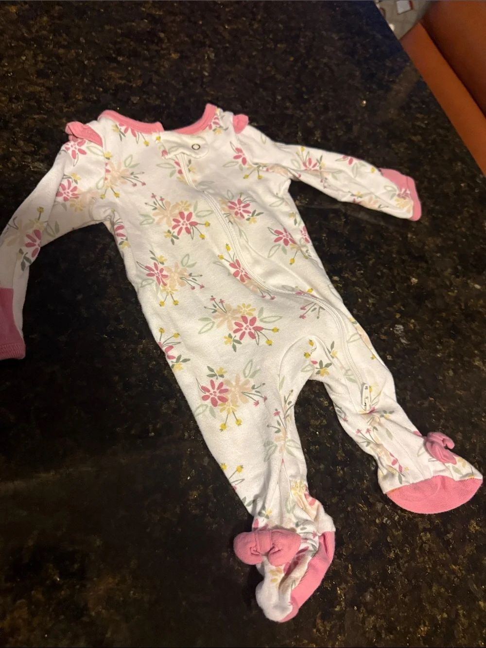 Pink Floral Footed Baby Long Sleeve NEWBORN White Footie - Bow Details